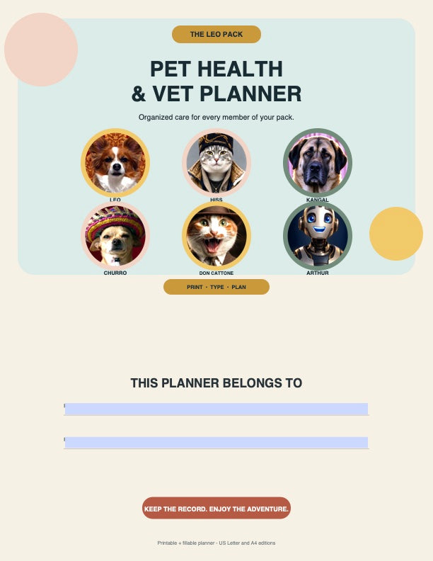 The Leo Pack Pet Health & Vet Planner — Fillable + Printable PDF
