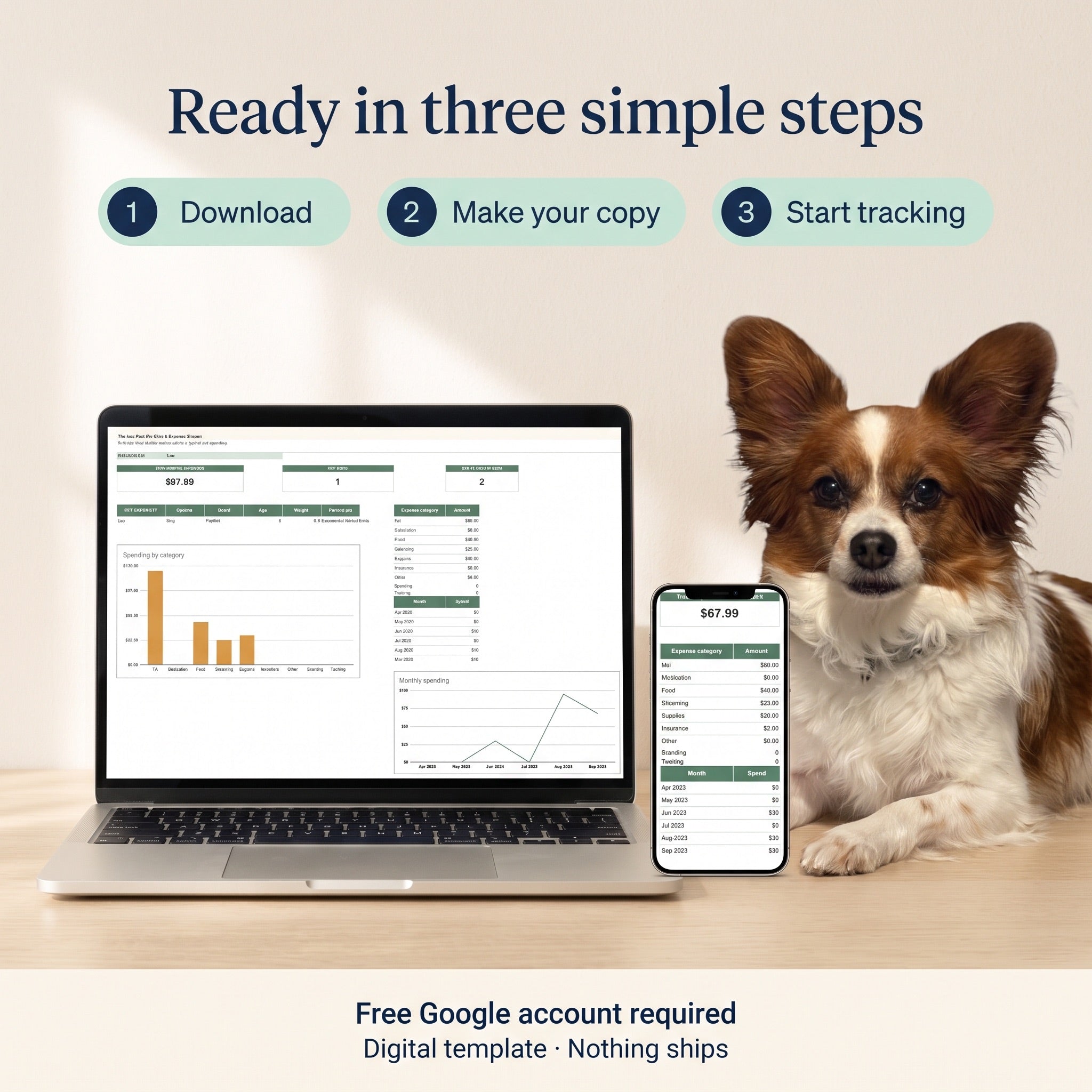 Three steps: Download, make your copy, start tracking. Free Google account required.