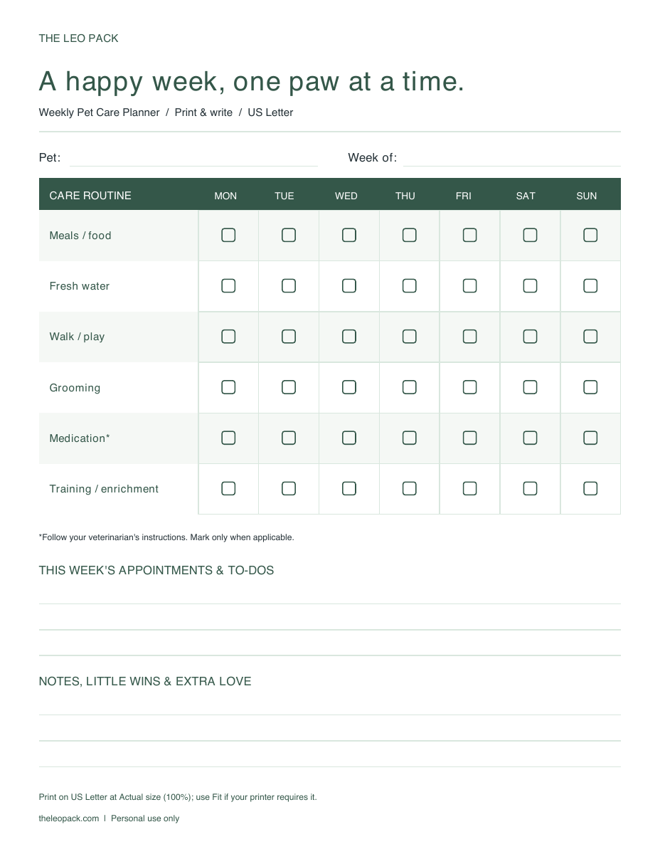 Weekly pet care planner preview